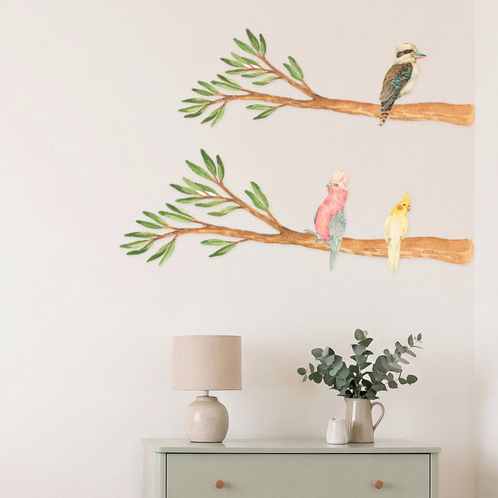 Gum branch wall decals with galah cockatiel and kookaburra in a styled nursery