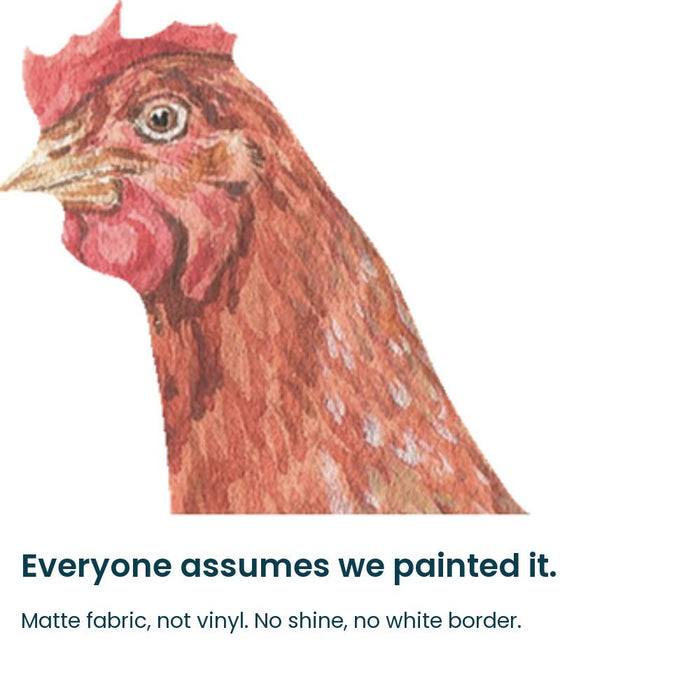 Close-up of the hand-painted watercolour hen on matte fabric
