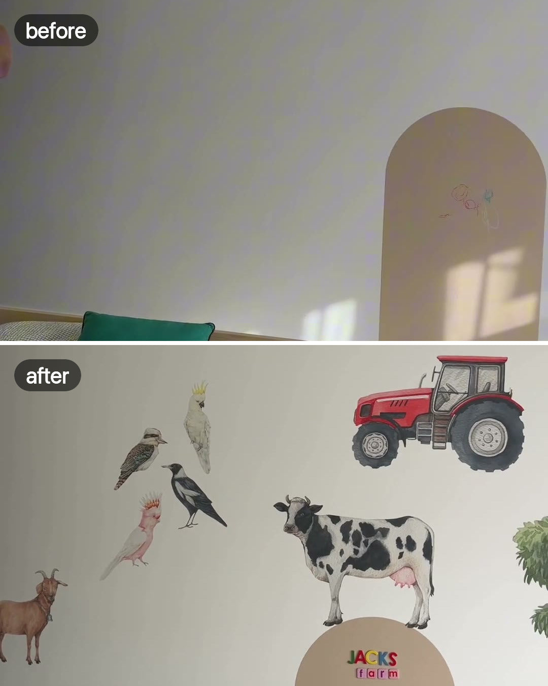 Customer photo of a farm animal decal wall, before and after