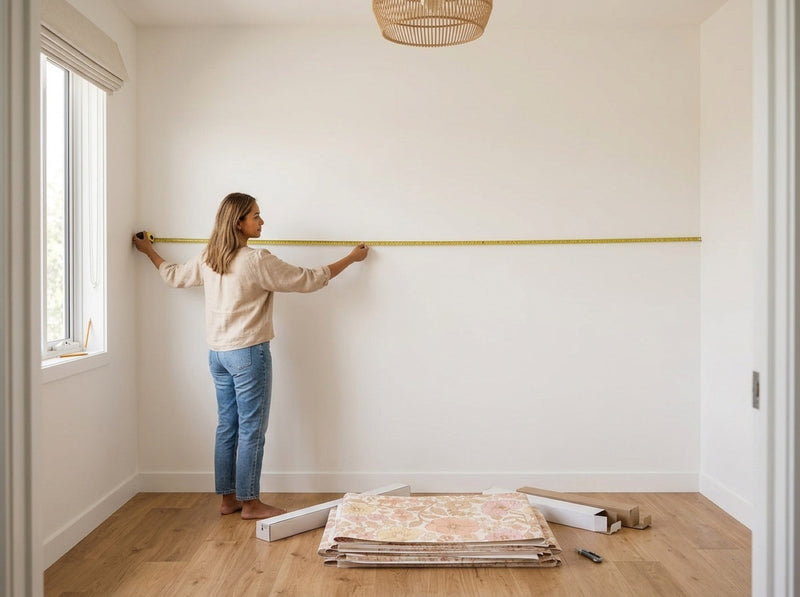 Measuring the full width of a bare nursery wall corner to corner with a tape measure