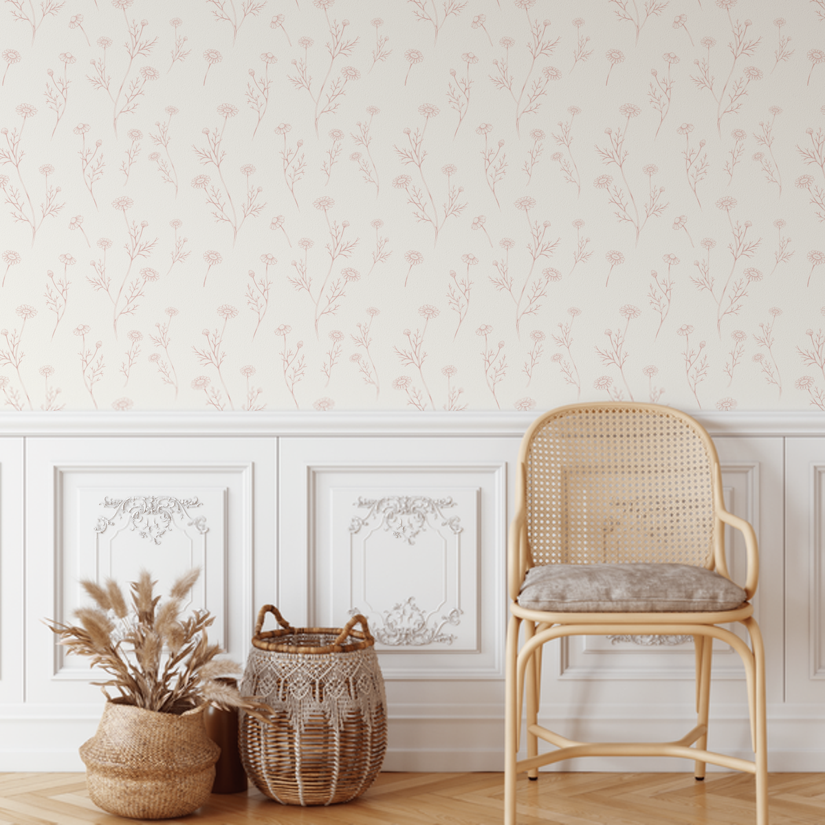 Hattie Dainty Pink Dried Foliage wallpaper above panelling with a rattan chair