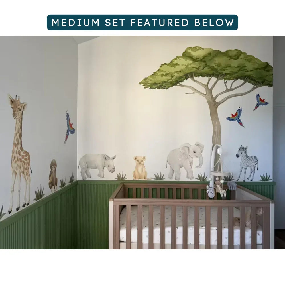 Baby Safari Medium Set decals with an acacia tree in a nursery