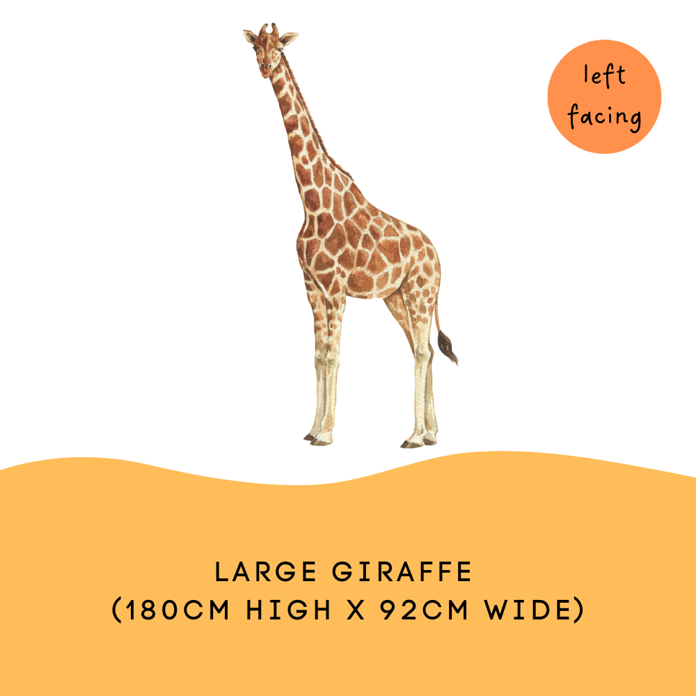 Large giraffe decal size guide: 180cm high by 92cm wide, left facing