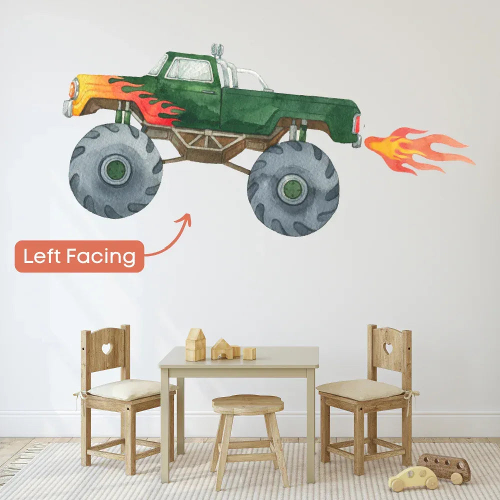 Green monster truck wall decal shown in the left-facing orientation