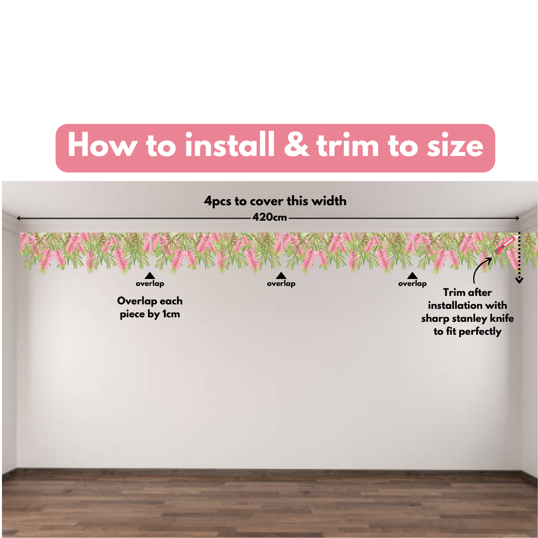 Pink bottlebrush border install guide: overlap each piece by 1cm and trim to fit