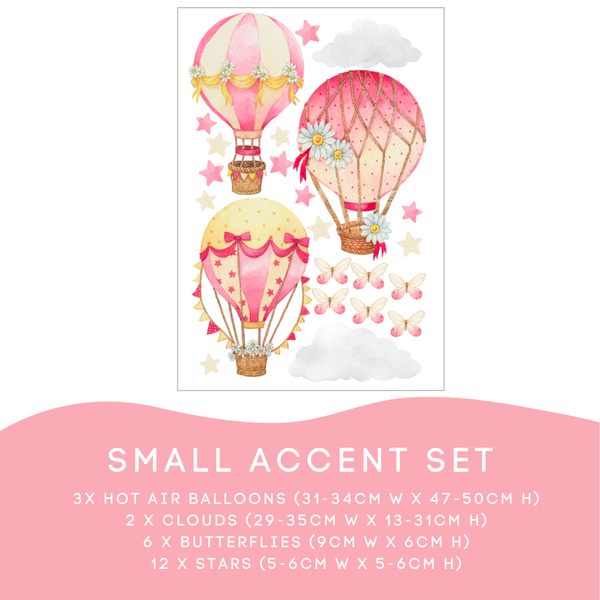 Floral Hot Air Balloon Small Accent Set: 3 balloons, 2 clouds, 6 butterflies and 12 stars