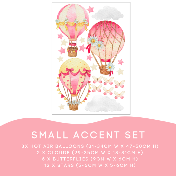 Floral Hot Air Balloon Small Accent Set: 3 balloons, 2 clouds, 6 butterflies and 12 stars — Floral Hot Air Balloon Wall Decals