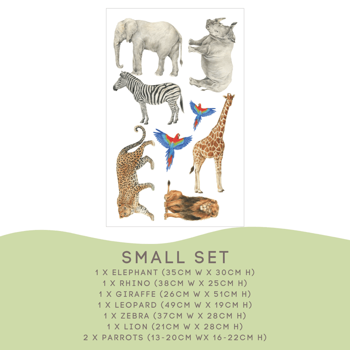 Safari Animals Small Set size guide: elephant 35cm, giraffe 26cm, zebra and 2 parrots — Safari Animals Wall Decals