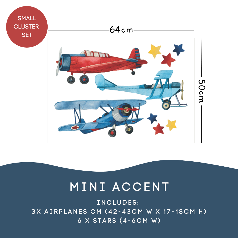Mini Accent small cluster set of airplane wall decals featuring three watercolor-style planes, one red and two blue, with six red, blue and yellow stars. Size guide shows 64cm wide by 50cm tall, with a dark blue footer listing 3 airplanes and 6 stars.