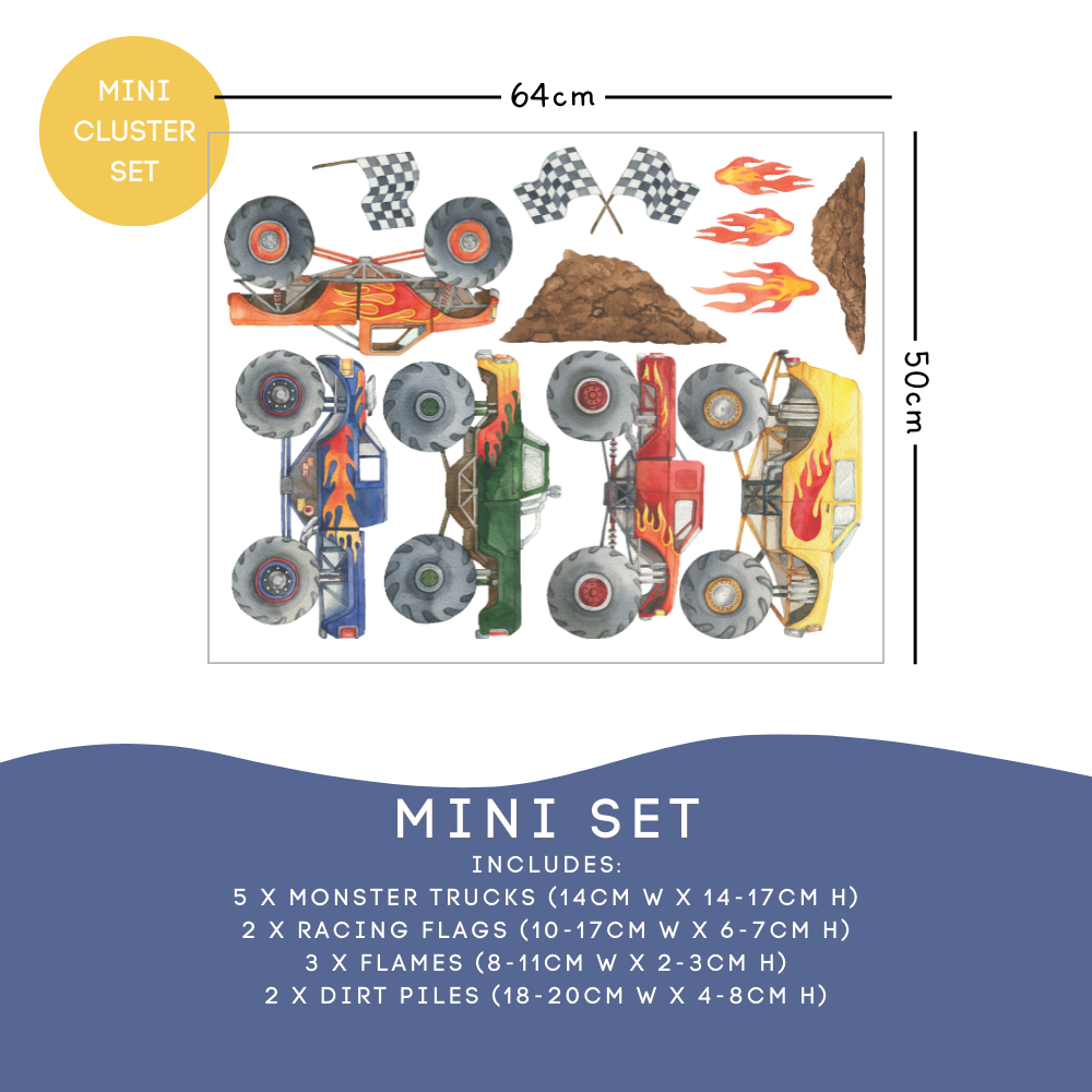 Miniature monster truck set with dimensions and included items on a white background