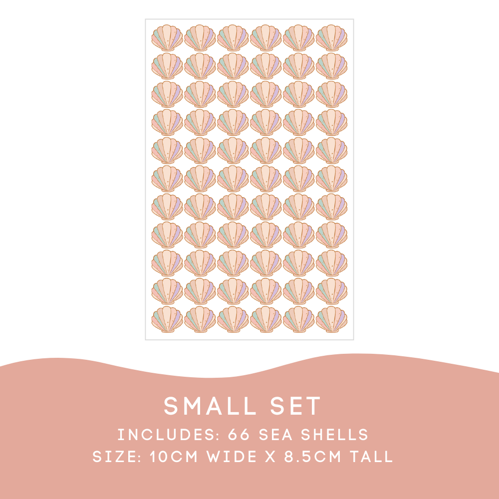Sea Shell Small Set: 66 shell decals, each 10cm wide by 8.5cm tall
