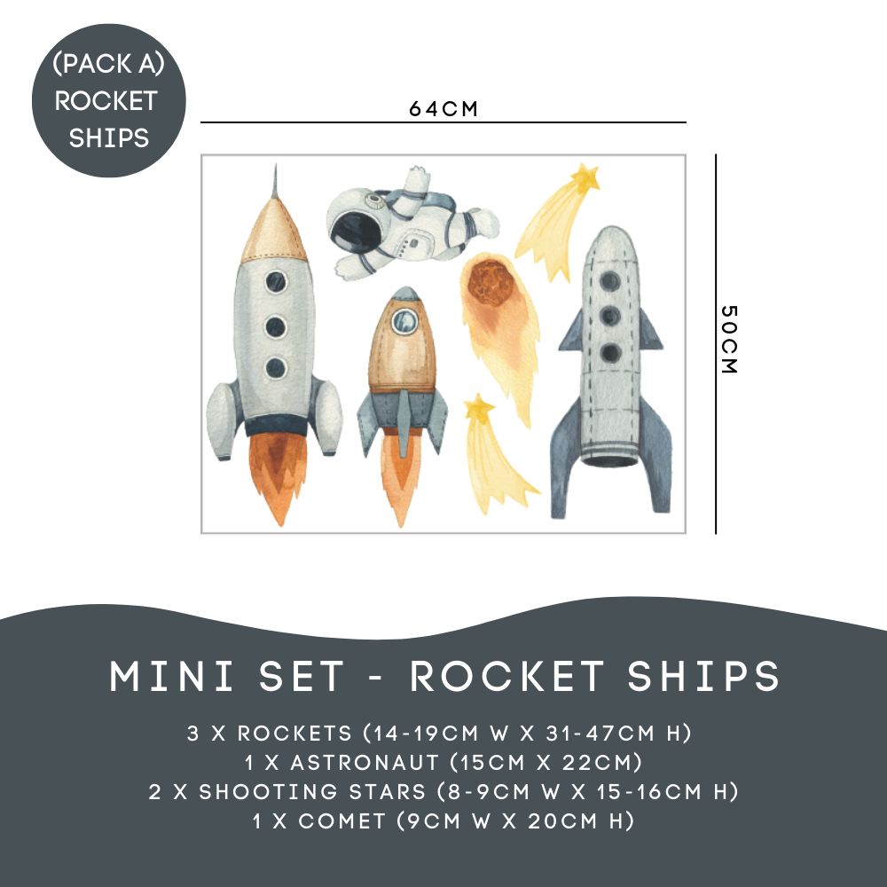 Outer Space Mini Set Pack A: 3 rockets, an astronaut, 2 shooting stars and a comet