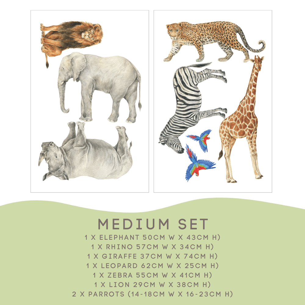 Safari Animals Medium Set size guide: elephant 50cm, giraffe 37cm, lion and parrots