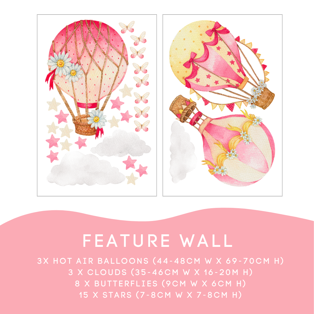 Floral Hot Air Balloon Feature Wall Set: 3 balloons, 3 clouds, 8 butterflies and 15 stars
