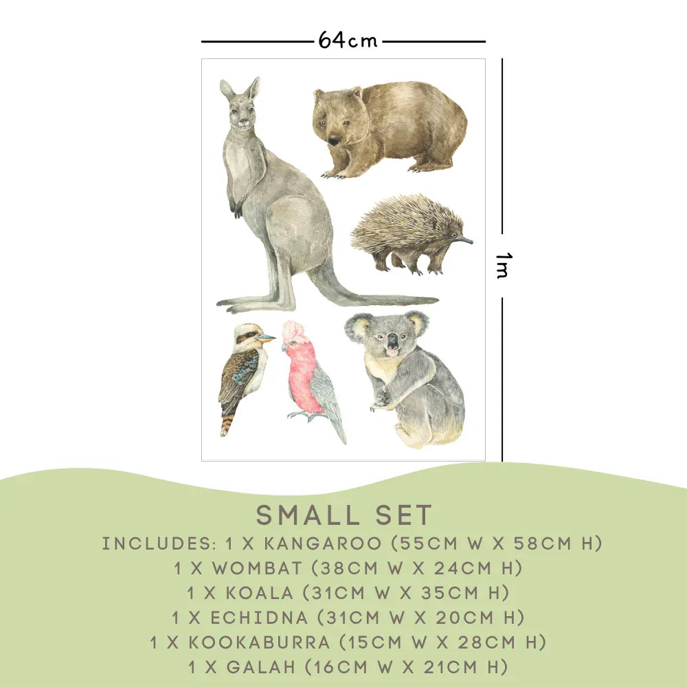 Australian Animal Small Set: kangaroo 55cm, wombat, koala, echidna, kookaburra and galah
