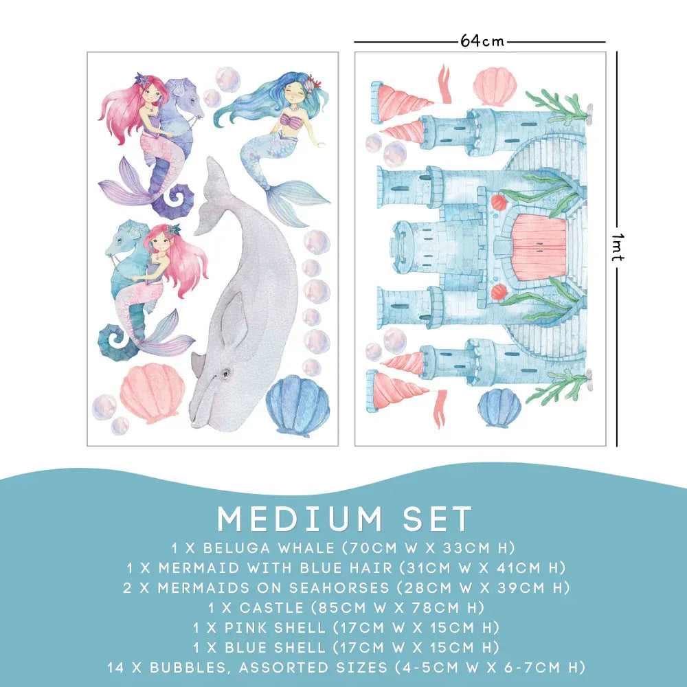 Mermaid Medium Set size guide: beluga whale 70cm, mermaids, castle 85cm and 14 bubbles