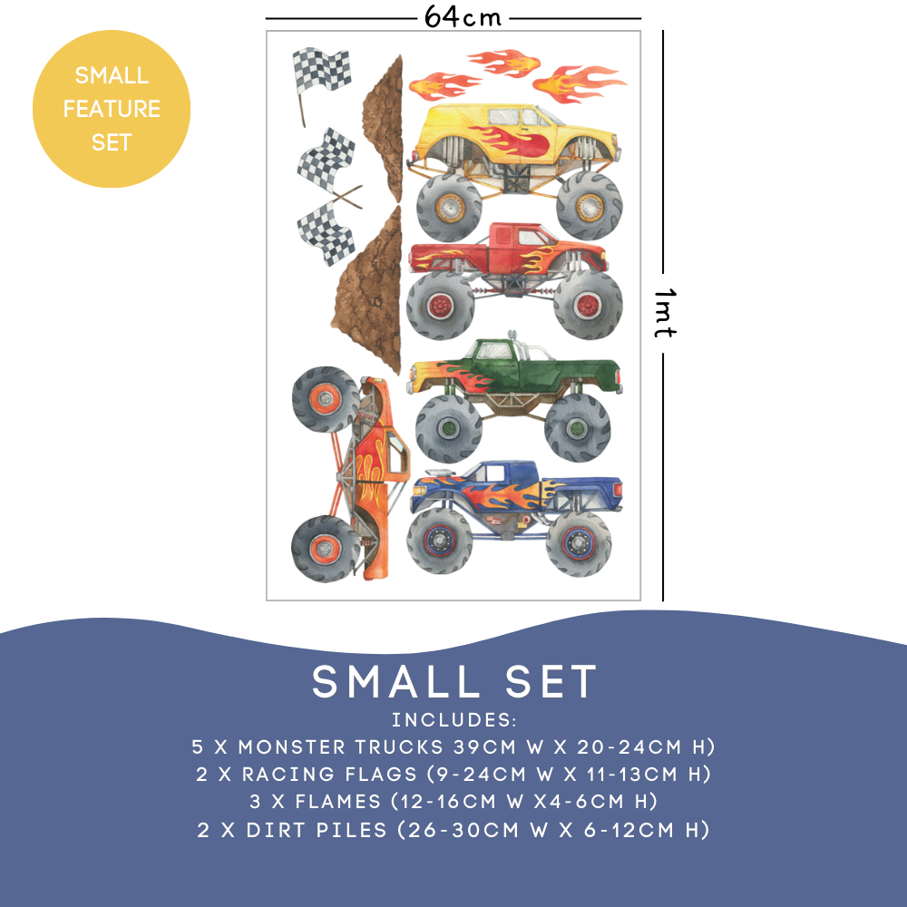 Monster Truck Small Set: 5 trucks around 39cm, 2 racing flags, 3 flames and 2 dirt piles