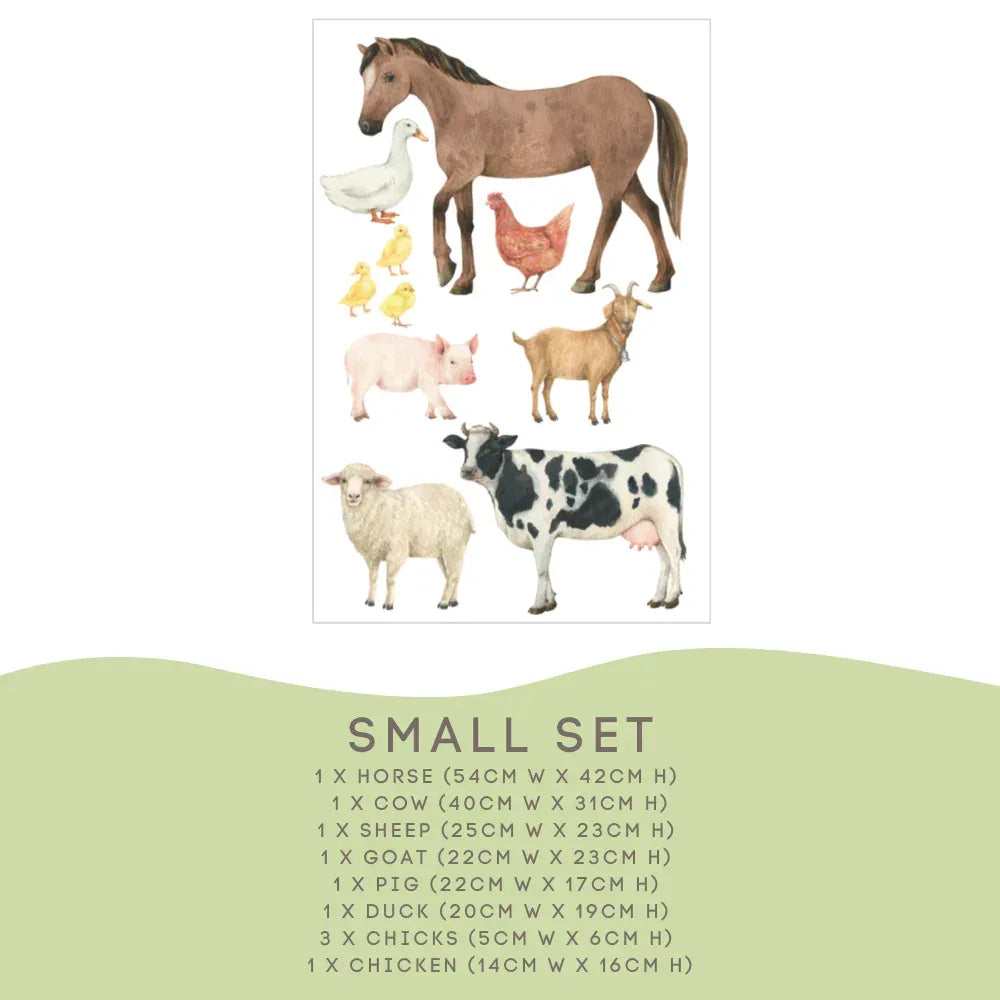 Farm Animal Small Set: horse 54cm, cow 40cm, sheep, goat, pig, duck, 3 chicks and a chicken