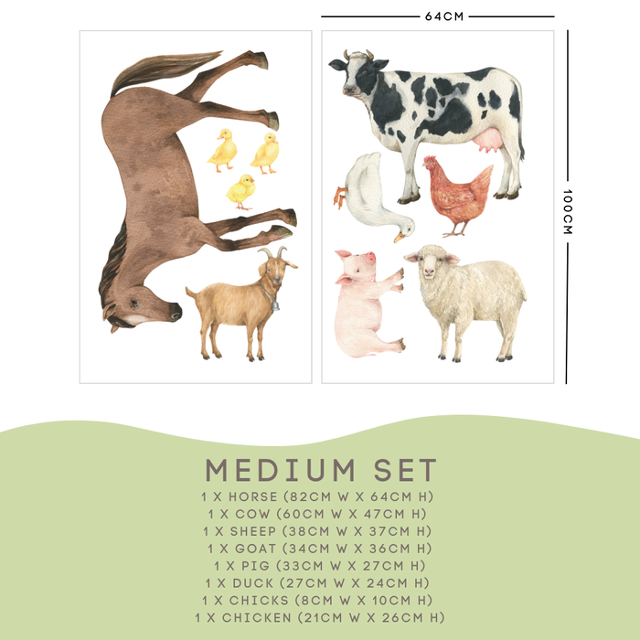 Farm Animal Medium Set: horse 82cm, cow 60cm, sheep, goat, pig, duck, 3 chicks and a chicken — Farm Animal Wall Decals