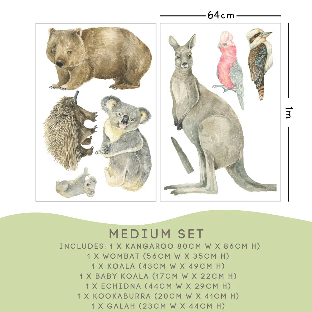 Australian Animal Medium Set: kangaroo 80cm, wombat, koala, baby koala, echidna and birds