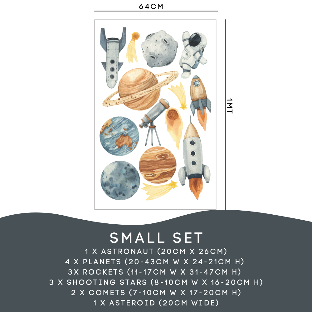 Outer Space Small Set: astronaut, 4 planets, 3 rockets, shooting stars, comets and an asteroid