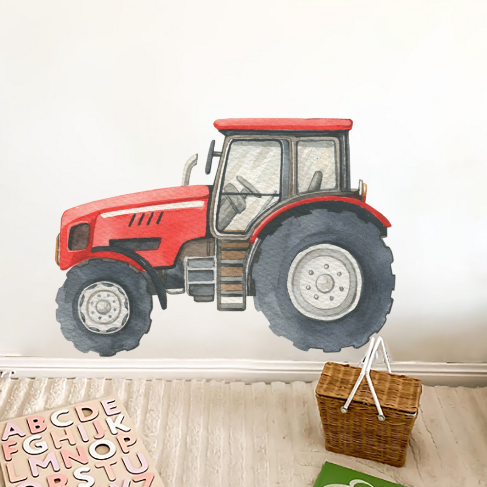 Classic red farm tractor wall decal above alphabet blocks and a basket