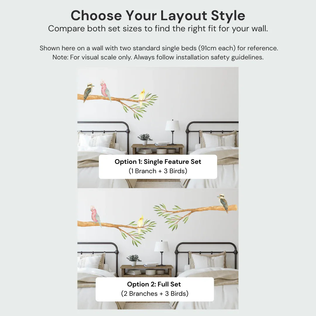 Layout options for the gum branch and bird set: one branch or two branches with three birds