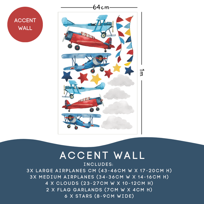 Accent Wall airplane wall decal sheet with watercolor-style red and blue airplanes and biplanes, red, blue and yellow stars, gray clouds, and flag garland bunting. A red badge reads Accent Wall, a size guide shows 64cm wide by 1m tall, and the dark blue footer lists included airplanes, clouds, flag garlands and 6 stars. — Airplane Wall Decals