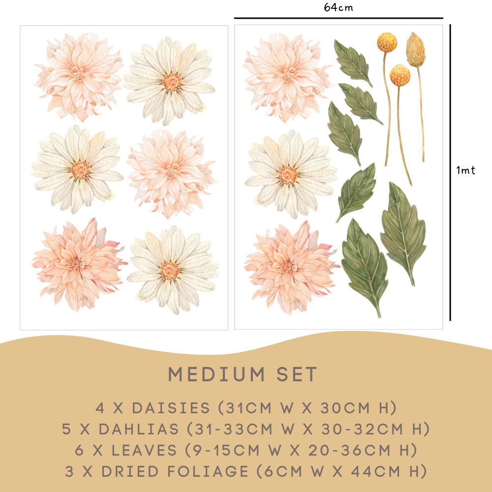 Dahlia and Daisy Medium Set: 4 daisies, 5 dahlias, 6 leaves and 3 dried foliage stems