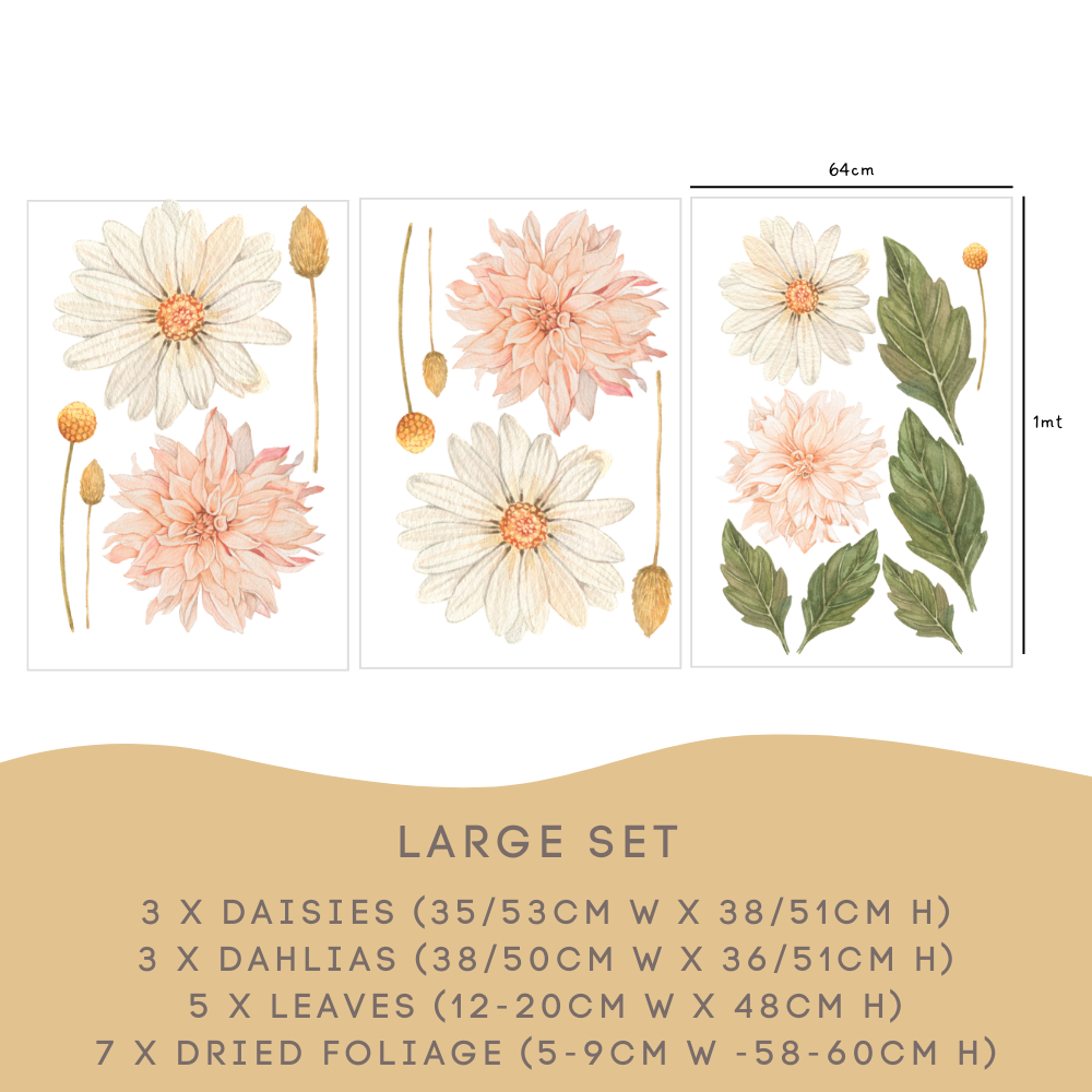 Dahlia and Daisy Large Set: 3 daisies, 3 dahlias, 5 leaves and 7 dried foliage stems