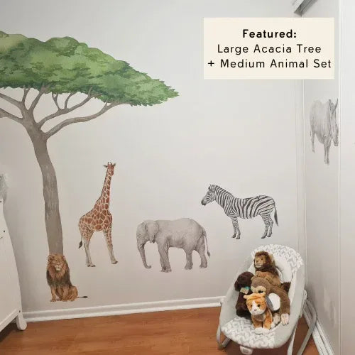 Large acacia tree with a medium safari animal set of giraffe, elephant and zebra