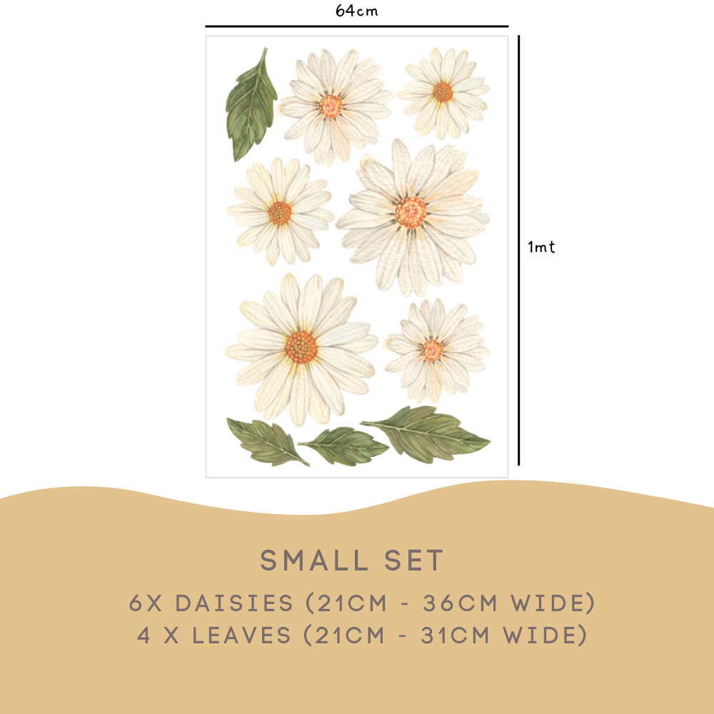 Daisy Small Set: 6 daisies 21 to 36cm wide and 4 leaves 21 to 31cm wide
