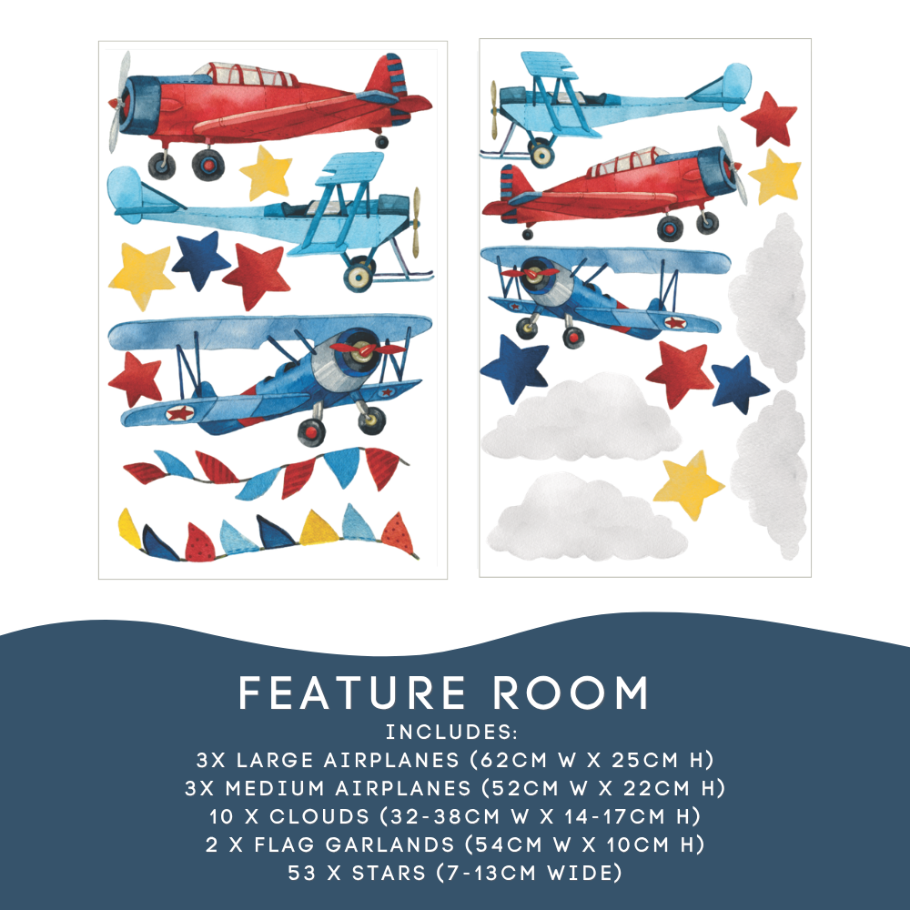 Feature Room airplane wall decal set shown across two panels, with watercolor-style red and blue airplanes and biplanes, red, blue and yellow stars, gray clouds, and flag garland bunting. Dark blue footer lists included large and medium airplanes, clouds, flag garlands and 53 stars.