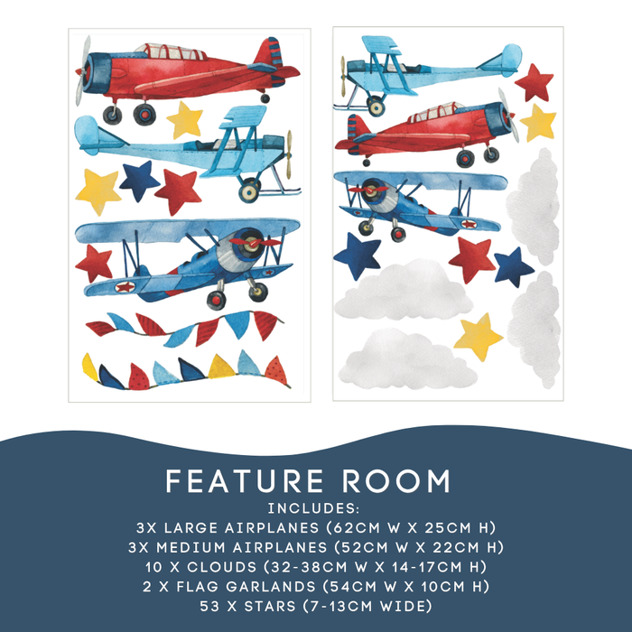 Feature Room airplane wall decal set shown across two panels, with watercolor-style red and blue airplanes and biplanes, red, blue and yellow stars, gray clouds, and flag garland bunting. Dark blue footer lists included large and medium airplanes, clouds, flag garlands and 53 stars. — Airplane Wall Decals