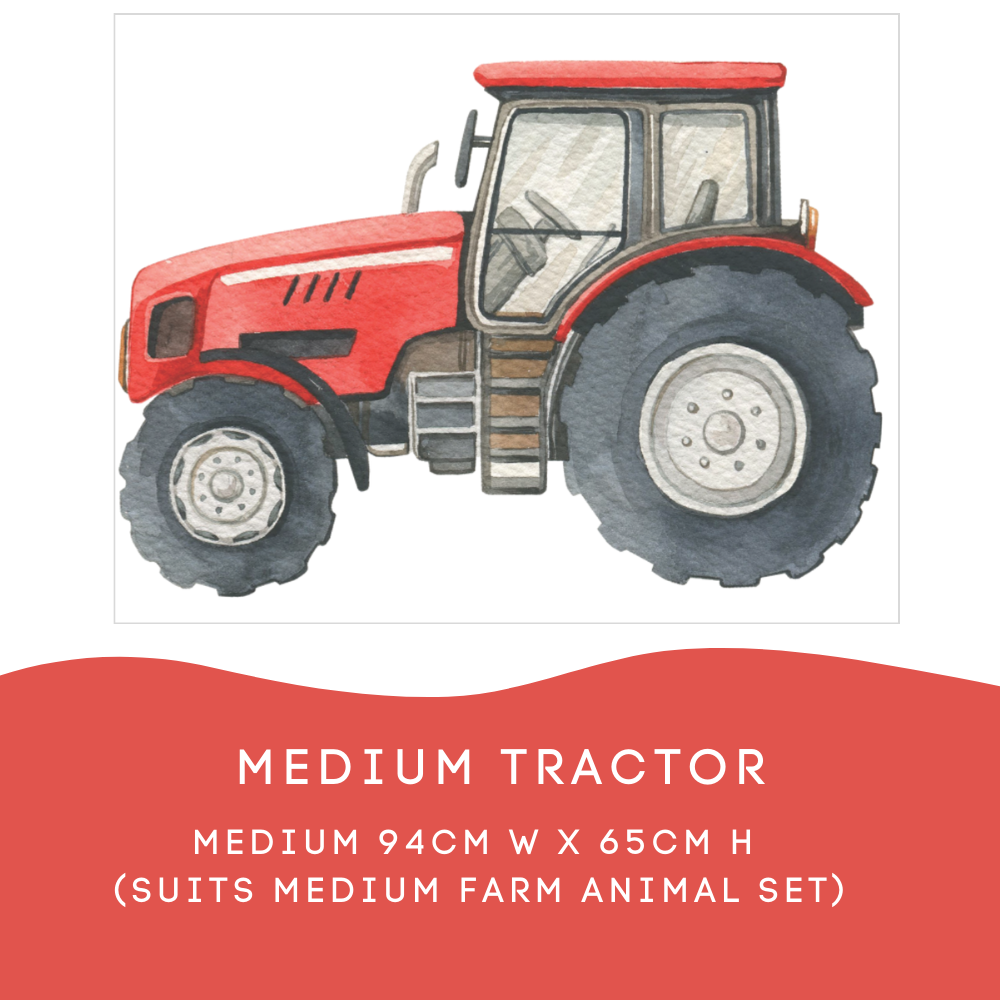 Medium red tractor decal size guide: 94cm wide by 65cm