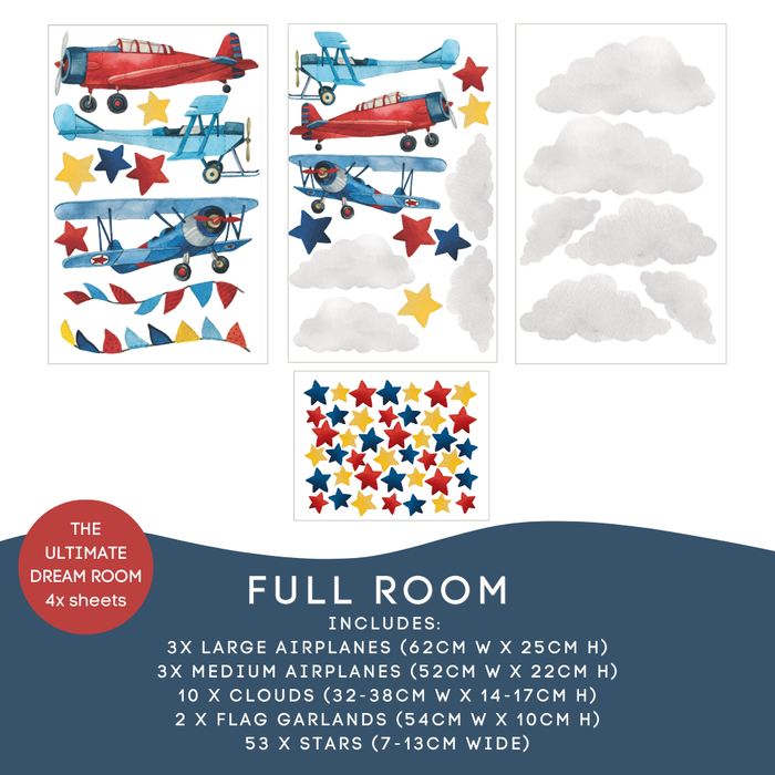 The Ultimate Dream Room full room airplane wall decal set of four sheets, with watercolor-style red and blue airplanes and biplanes, red, blue and yellow stars, gray clouds, and flag garland bunting. A red badge reads The Ultimate Dream Room 4x sheets, and the navy footer lists included airplanes, clouds, flag garlands and 53 stars. — Airplane Wall Decals