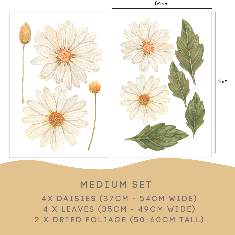 Daisy Medium Set: 4 daisies 37 to 54cm, 4 leaves and 2 dried foliage stems