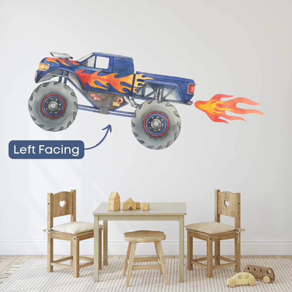 Blue monster truck wall decal shown in the left-facing orientation