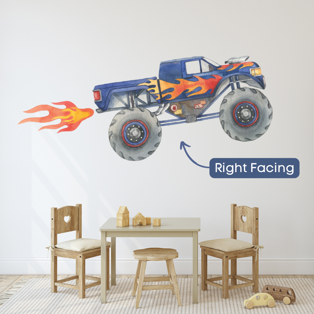 Blue monster truck wall decal shown in the right-facing orientation