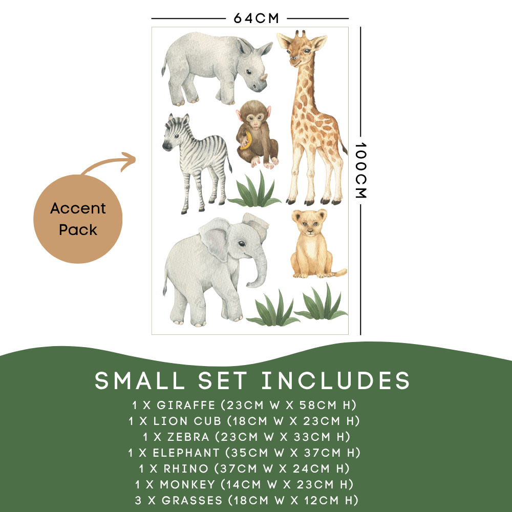 A product listing graphic for a small set of safari animal wall decals. The central panel shows illustrated decals of a giraffe, elephant, zebra, lion cub, monkey, and grasses, with dimensions marked 64CM wide and 1000CM tall.