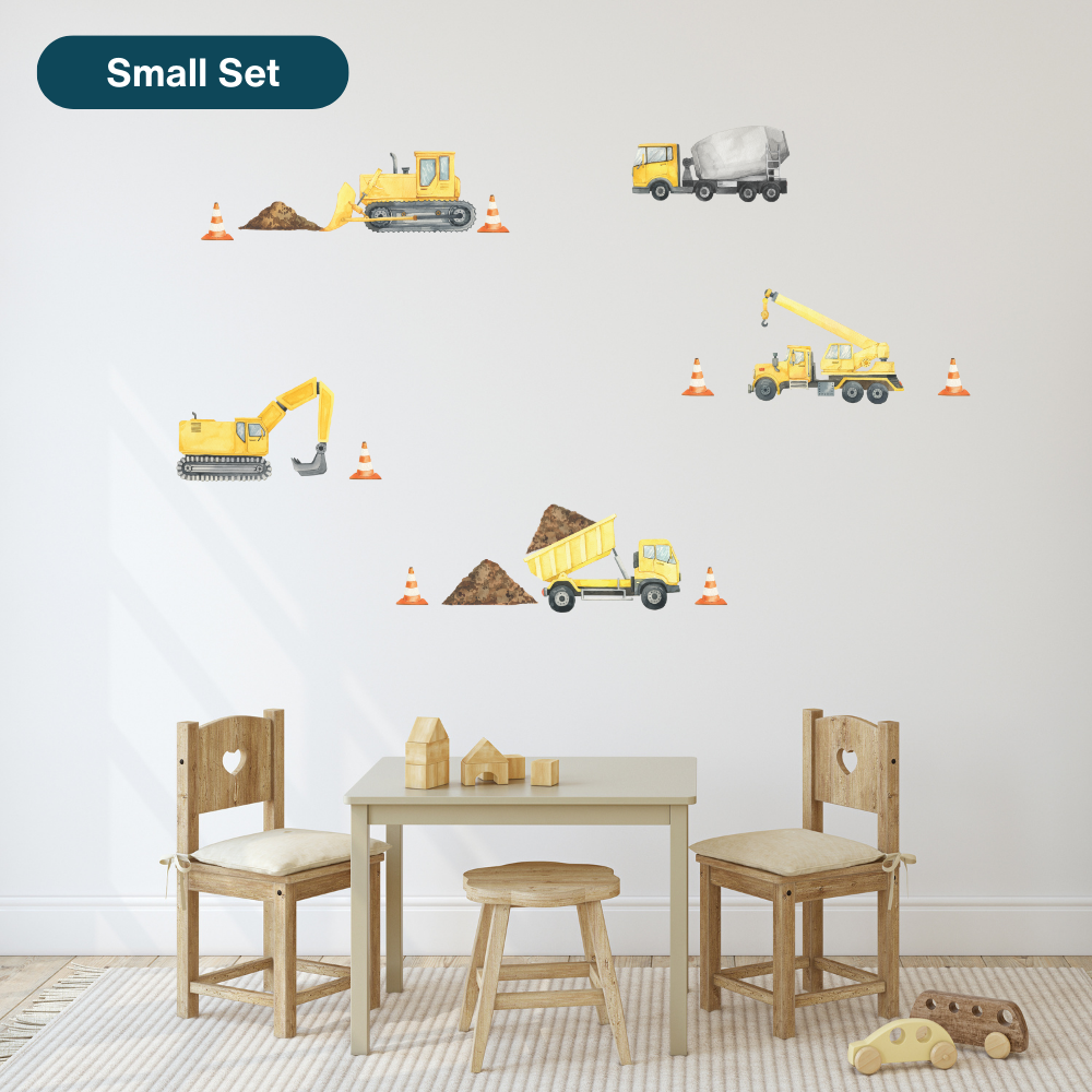 Construction Small Set with excavator, cement truck, dirt piles and safety cones