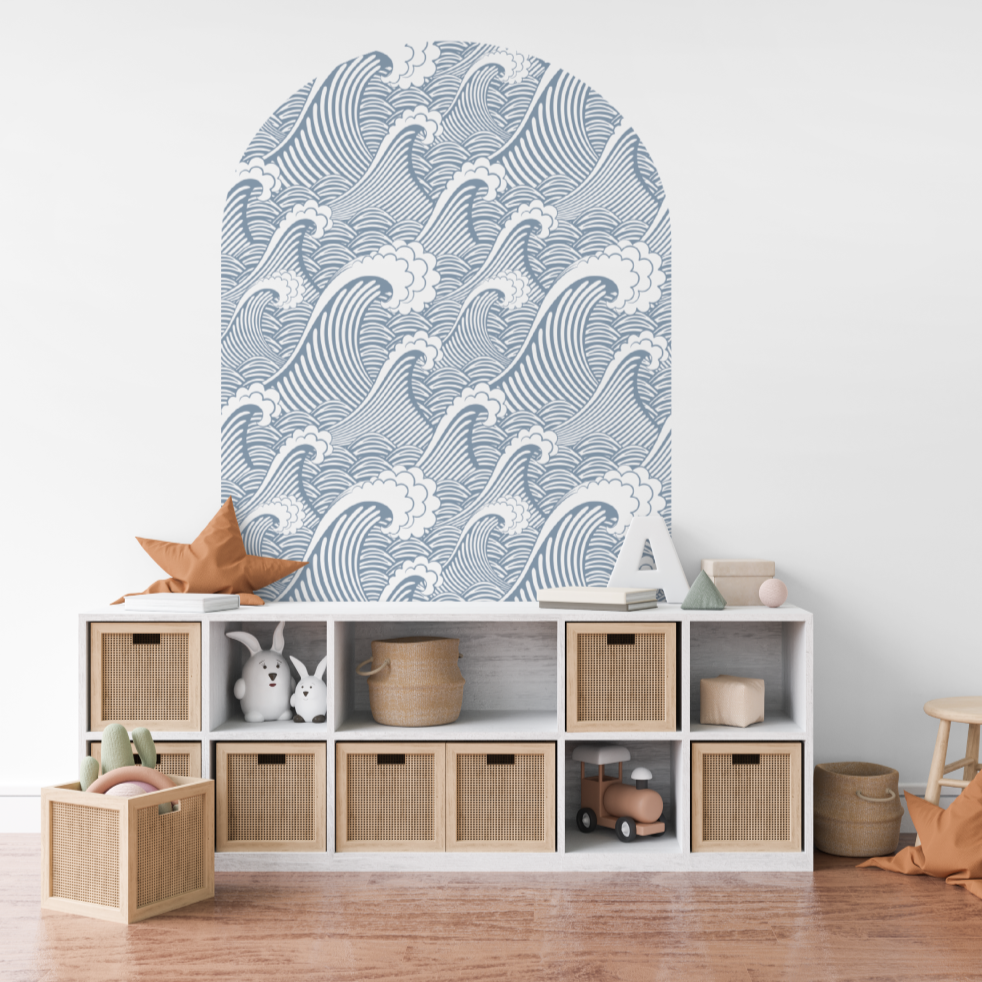 Japanese blue waves arch decal above white storage cubes