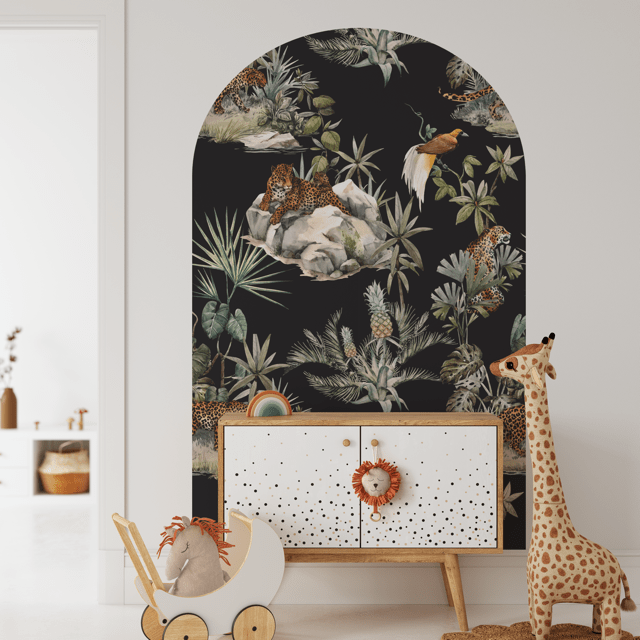 Jungle Fever arch decal on a dark ground with leopard, elephant and toucan