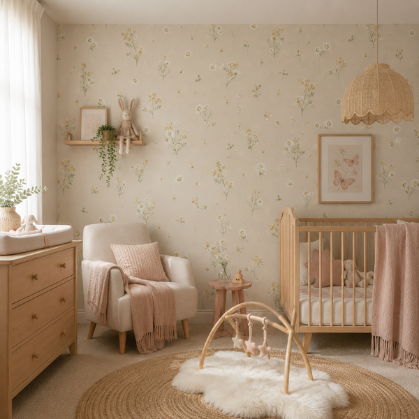 A beautifully styled baby nursery featuring floral wallpaper, a light wood crib, a cream armchair with a pink throw, a wooden dresser, and a round jute rug with a white faux-fur accent.