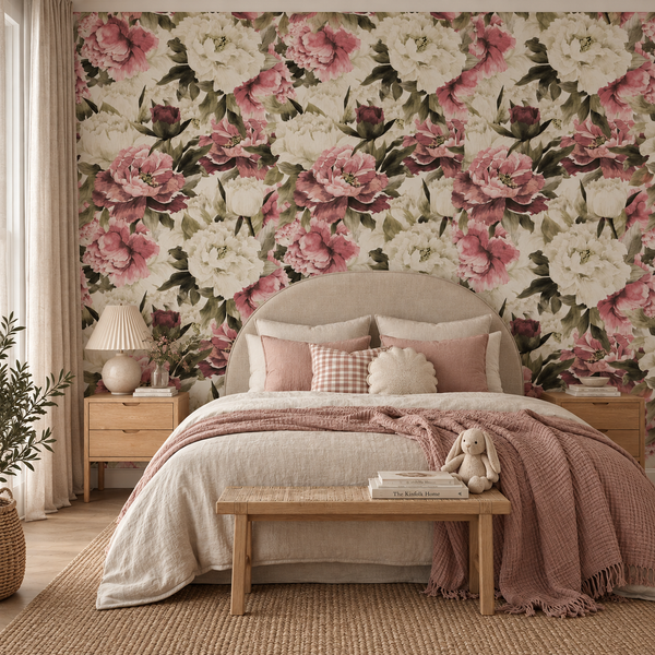 A beautifully styled bedroom featuring a large floral wallpaper mural with pink and white peonies on a cream background. The room is styled with a beige upholstered bed, matching pink and beige bedding, wooden nightstands, a small wooden bench, and a cozy throw blanket.