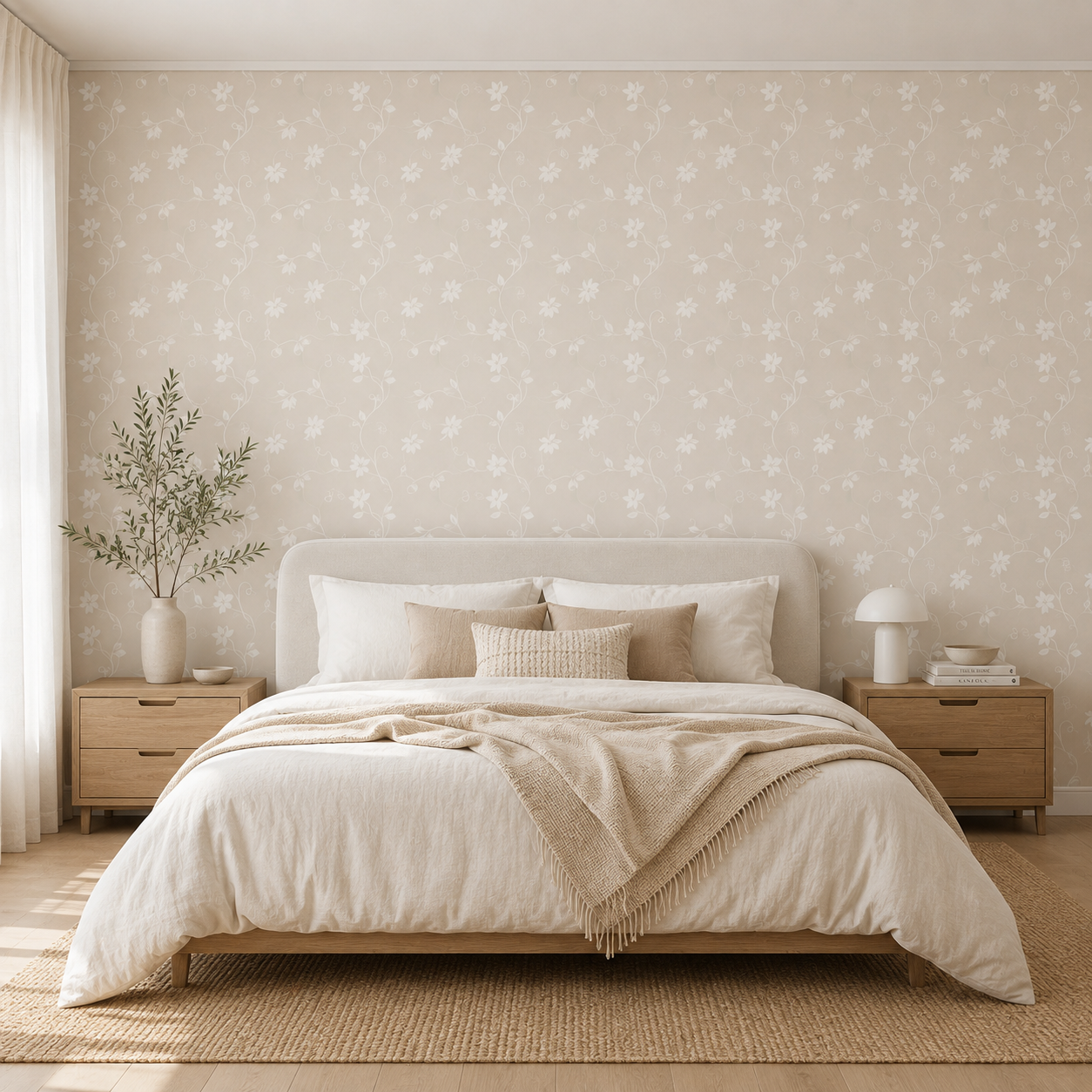 A beautifully styled minimalist bedroom featuring beige and white floral wallpaper, a light wood bed frame, neutral bedding, and matching bedside tables.