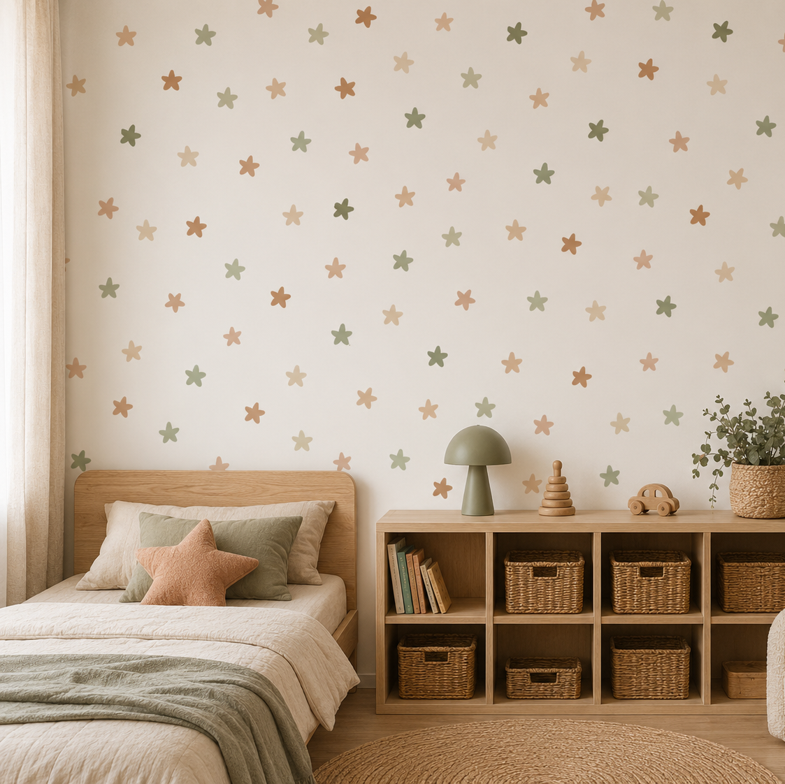 A cozy children's bedroom featuring pastel star-patterned wallpaper in muted green, beige, and brown tones on an off-white wall. The room includes a light wood bed, a matching wooden storage shelf with woven baskets, a green table lamp, a cream armchair, and a round jute rug.