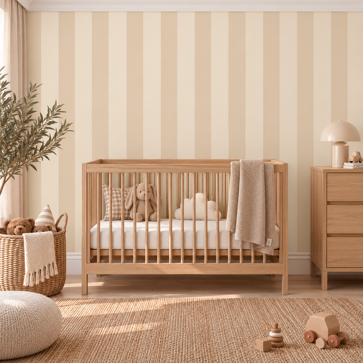 A light natural wood crib in a styled nursery with beige and cream vertical striped wallpaper, a wooden dresser, a woven basket with toys, and a woven rug on the floor.