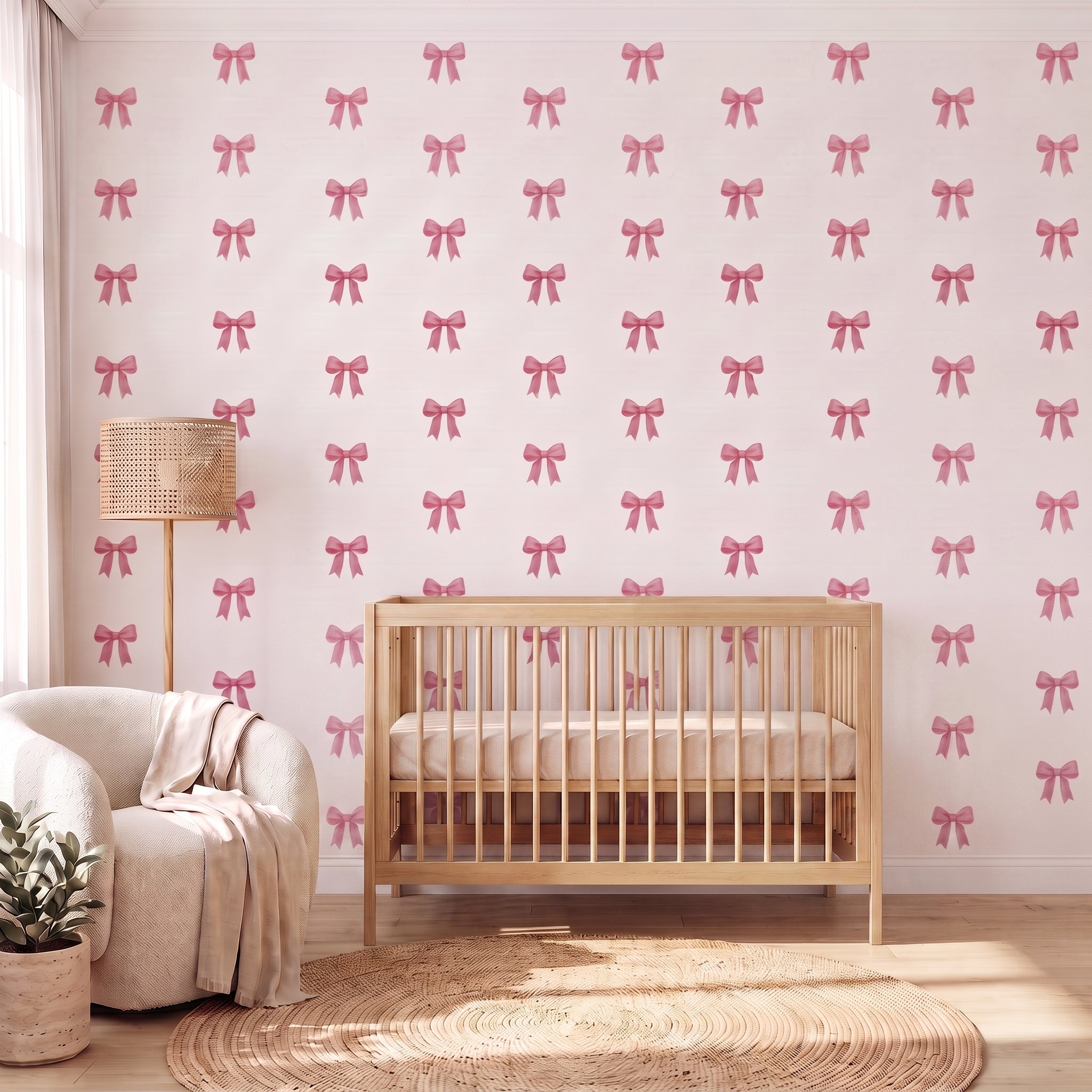 A nursery room scene featuring wallpaper with a repeating pattern of pink bows on a white background, styled with a light wood crib, a cream armchair, a woven floor lamp, and a round jute rug.