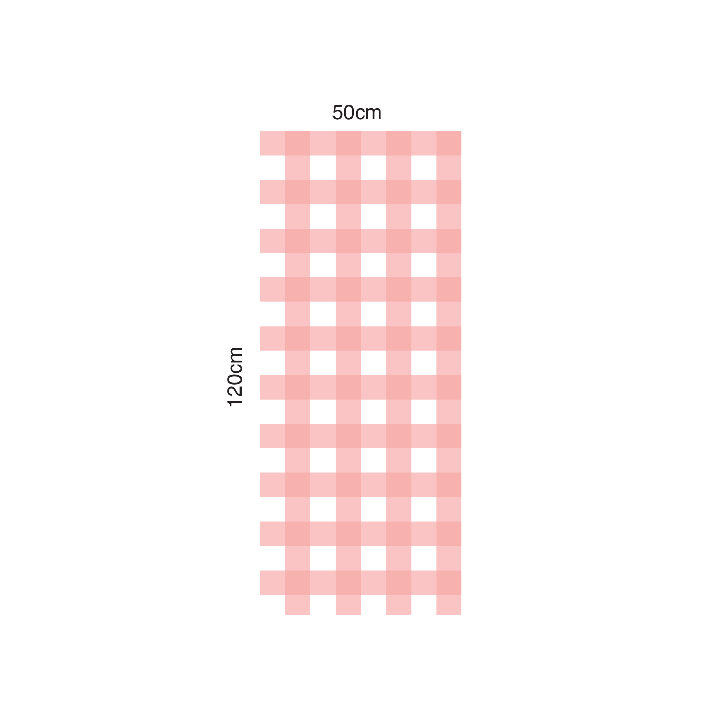 A pink and white gingham checkered fabric swatch with dimensions labeled as 50cm by 120cm on a plain white background.